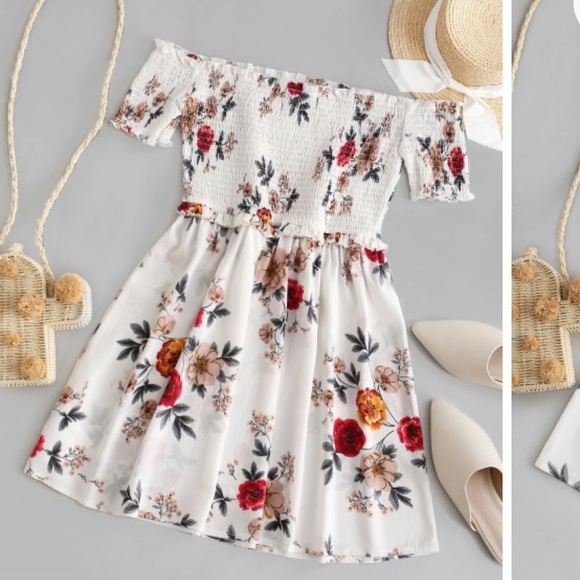 Zaful Dresses & Skirts - Zaful Flowery Off the Shoulder Ribbed/Flowy Dress